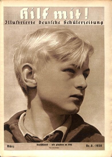 Cover of Hilf Mit, a Nazi magazine published in 1938 with Zelly Zellner on the cover - the same picture as his Eagle Scout picture from Fredericksburg Texas.