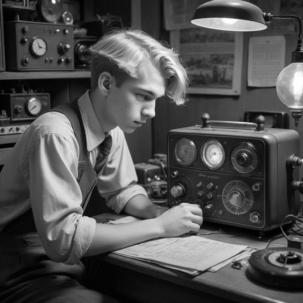 PIcture of Zelly Zellner, a radio and electronics whiz-kid and the main character in The Eagle Scout Picture, a World War II espionage novel.